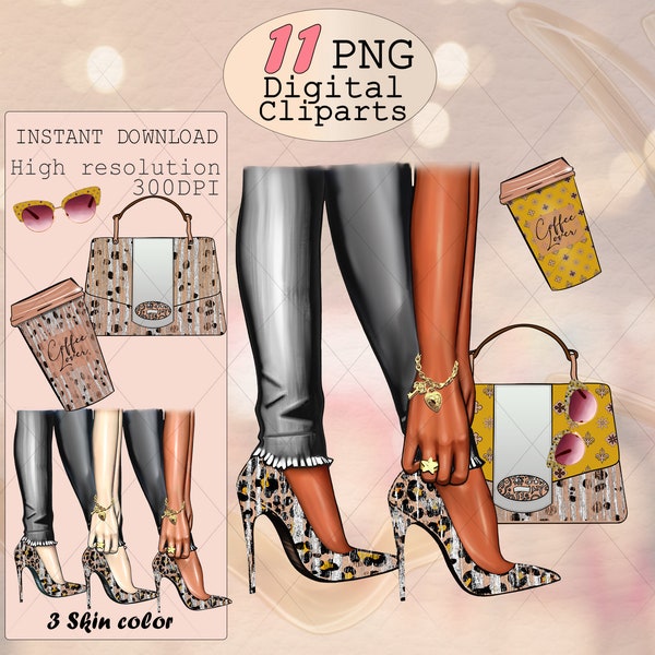 Chaussures à talons hauts à imprimé animal, jambes de femme noire, denim, magnifique sac à main, patronne, café, autocollants numériques, clipart Erin condren planner