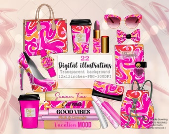 Fashion accessories Planner cliparts pink and orange design, planner stickers, Handbags, heels, stack of books, beauty glam fashion girl png