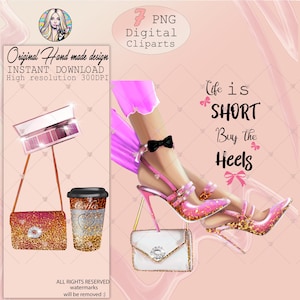 Vrouw benen hoge hakken schoenen clipart, Fashion glitter handtas png, make-up cosmetica png, fles champagne png, koffiemok png, digitaal