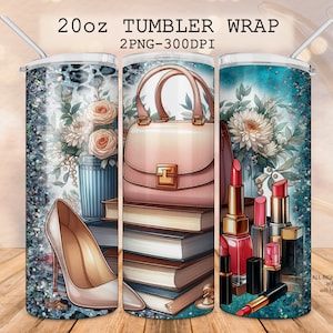 Emballage de gobelet bleu glam à la mode, sac à main, fleurs, chaussures à talons hauts, pile de livres, design pour fille, rouge à lèvres de maquillage, emballage numérique