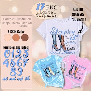 Bundle compleanno Blue Leopard donna tacchi clipart, Entrando nel mio compleanno con la grazia di Dio e il bundle di clipart di misericordia, tre colori della pelle