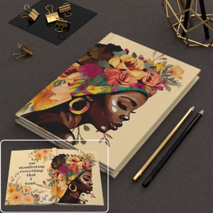 Black Girl Journal, Black Girl Note Book, Black Woman Portrait, Hardcover Matte Journal, Peach Journal, Flower Notebook, Lined page Journal