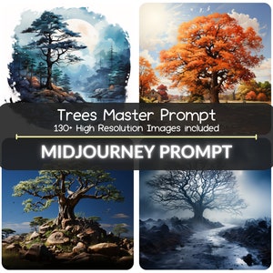 Könnte beinhalten: Ein digitales Kunst-Prompt-Paket mit vier Bildern von Bäumen in verschiedenen Jahreszeiten. Die Bilder sind mit "Trees Master Prompt" und "Midjourney Prompt" betitelt.