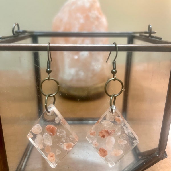 Pink Himalayan Salt Small Bronze Diamond Shaped Earrings For Her Earthy Bohemian Style Jewelry for The Plant Lady Special Gift for Christmas