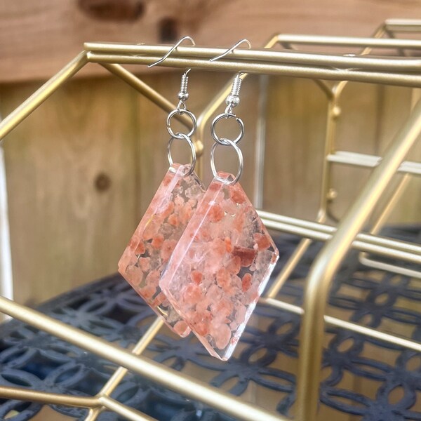 Pink Himalayan Salt Silver Diamond Large Shaped Earrings For Her Earthy Bohemian Style Jewelry for The Plant Lady Special Gift