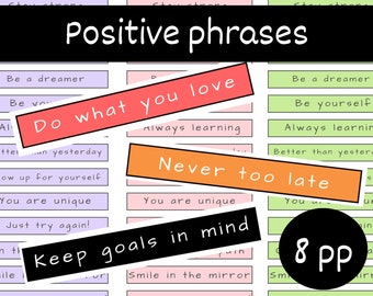 Positive phrases journal stickers , planner words typewriter style, happy and colorful sentiment, bright colors