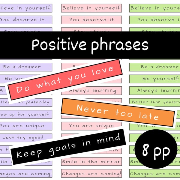 Positive phrases journal stickers , self-love words, Motivational quote, typewriter style, bujo words printable, colorful, pastels, bright