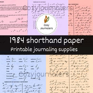 Op de afbeelding: Printbaar 1984 stenografiepapier voor journalen. Het papier is verdeeld in vier secties, elk met een andere achtergrondkleur. De bovenste sectie is roze, de tweede sectie is lichtblauw, de derde sectie is lichtpaars en de vierde sectie is lichtoranje. Elke sectie heeft een ander ontwerp en tekst. De tekst op het papier is in het Spaans.