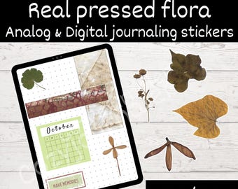 May include: A digital tablet displays a collage of pressed flora and journaling elements. The text "Real pressed flora Analog & Digital journaling stickers" is at the top. The collage includes a green leaf, a calendar for October, and various dried plants.