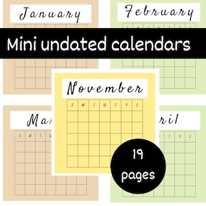 Undatierte Minikalender für Journaling, Kalenderaufkleber, Papierbastelzubehör, Bujo und Junk Journal Cut Files, Natur inspiriert