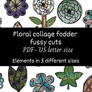 May include: A selection of colourful floral collage elements in various sizes. The image features flowers and leaves with intricate designs and patterns. Text on the image reads "Floral collage fodder fussy cuts PDF- US letter size Elements in 3 different sizes."