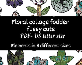 Digital collage fodder fussy cuts, printable floral cut-outs, hand-painted paper scan, junk journal, scrapbook supplies, flower art element