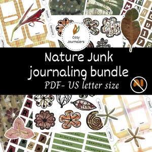Op de afbeelding: Een digitale nature junk journaling bundel met diverse botanische elementen. De afbeelding toont decoratieve papieren uitsparingen van bloemen, bladeren en andere natuurlijke items. De tekst "Nature Junk journaling bundle PDF- US letter size" wordt weergegeven.