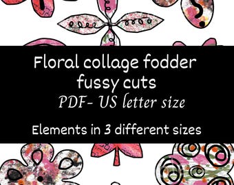 Digital collage fodder fussy cuts, printable floral cut-outs, hand-painted paper scan, junk journal, scrapbook supplies, flower art element