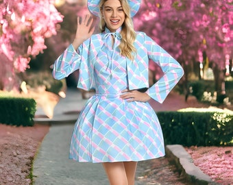 Handmade Margot Robbie Costume- Cute Blue Plaid Hat Dress, Barbei Cosplay,Margot Robbie, For Children And Women; Perfect For Halloween/Party