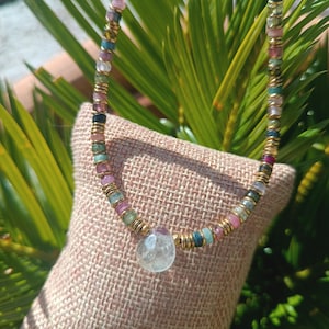 Tourmaline pearl and fluorite drop pearl necklace - boho trendy necklace - designer jewelry - women&#39;s necklace