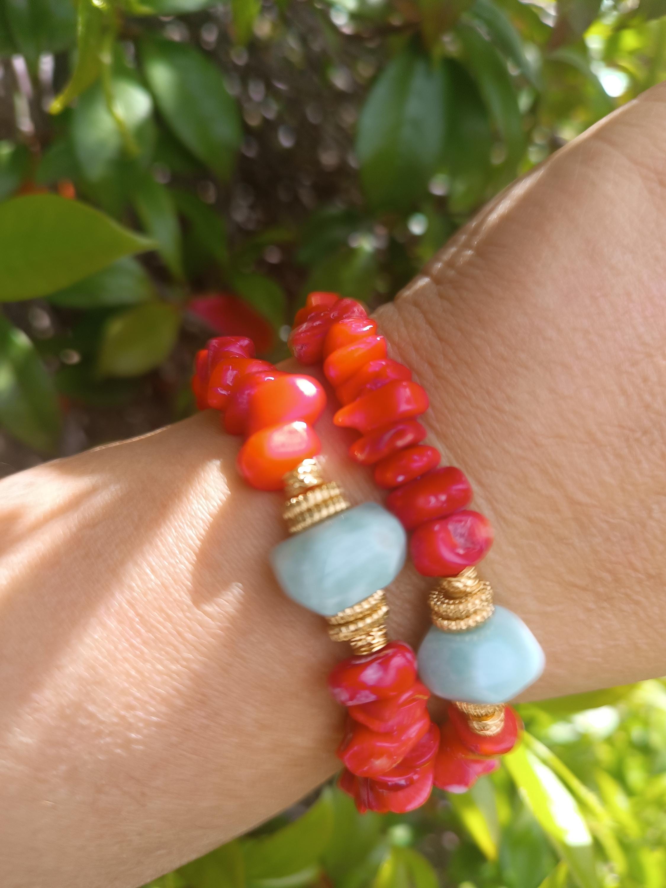 Ensemble Bracelet Et Collier En Corail Véritable Et Bambou Naturel - Style Méditerranée
