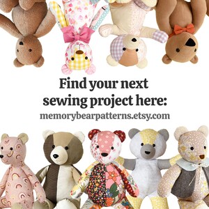 May include: A collection of handmade patchwork teddy bears in various colors and patterns. Find your next sewing project at memorybearpatterns.etsy.com.
