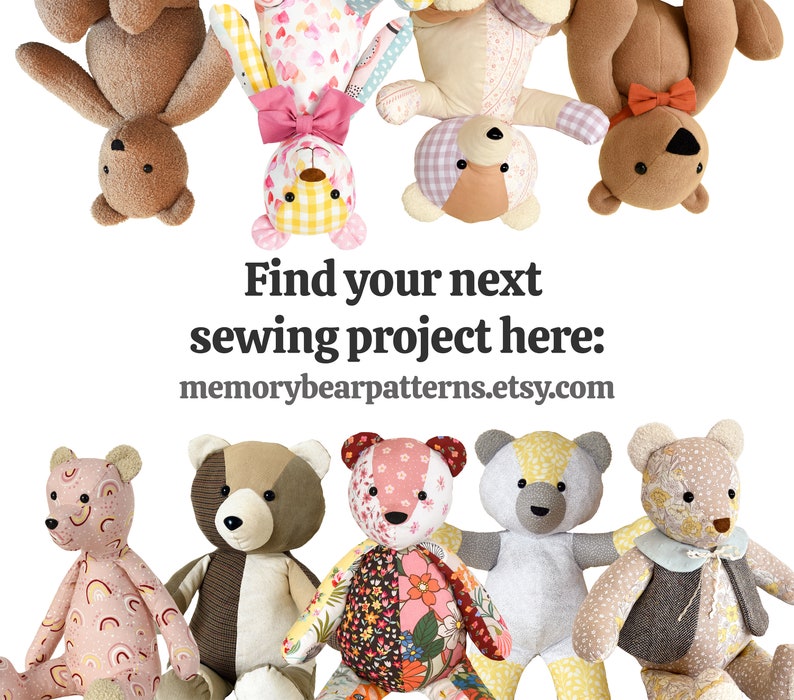 May include: A collection of handmade patchwork teddy bears in various colors and patterns. Find your next sewing project at memorybearpatterns.etsy.com.