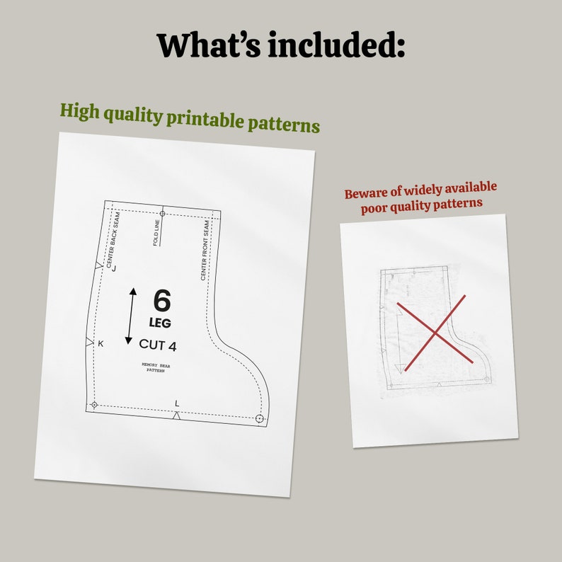 Puede incluir: Dos hojas de papel blanco con patrones de costura. Un patr&oacute;n est&aacute; etiquetado como "6 LEG CUT 4" con l&iacute;neas punteadas y flechas. El otro patr&oacute;n tiene una "X" roja encima. El texto dice "What's included: High quality printable patterns" y "Beware of widely available poor quality patterns."