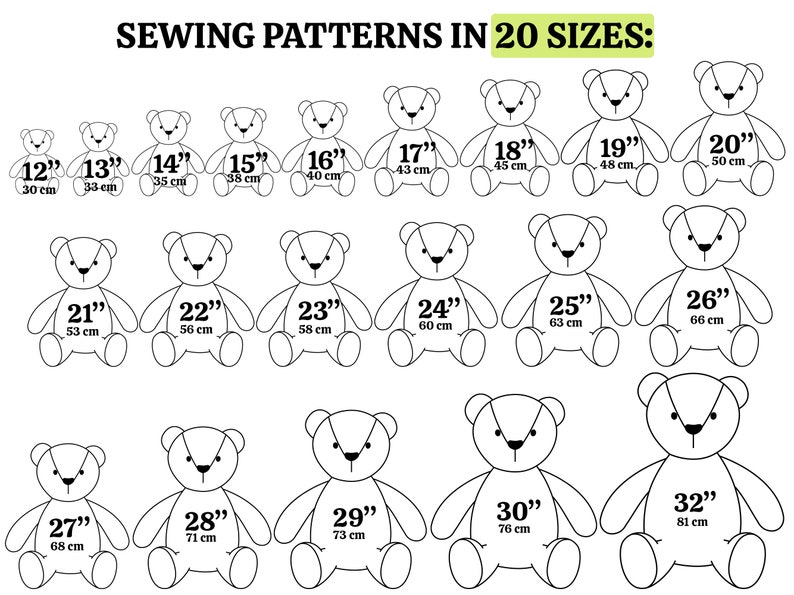 May include: A chart showing 20 different sizes of teddy bear sewing patterns, ranging from 12 inches to 32 inches. Each pattern is illustrated with a simple line drawing of a teddy bear.