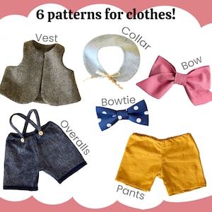 May include: Six patterns for clothes, including a vest, collar, bow, bowtie, overalls, and pants. The vest is brown and white, the collar is light blue, the bow is pink, the bowtie is blue with white polka dots, the overalls are blue denim, and the pants are yellow with white polka dots.