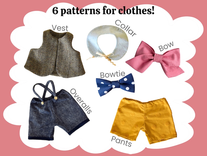 May include: Six patterns for clothes, including a vest, collar, bow, bowtie, overalls, and pants. The vest is brown and white, the collar is light blue, the bow is pink, the bowtie is blue with white polka dots, the overalls are blue denim, and the pants are yellow with white polka dots.