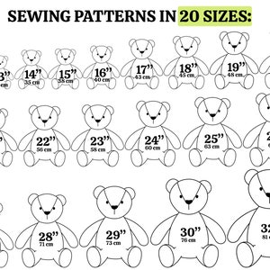 May include: A chart showing 20 different sizes of teddy bear sewing patterns, ranging from 12 inches to 32 inches. Each pattern is illustrated with a simple line drawing of a teddy bear.
