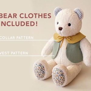 May include: A plush white teddy bear with blue and white checkered inner ears and floral patterned foot pads. The bear wears a mustard yellow collar with a ribbon tie and a sage green vest. Text reads: BEAR CLOTHES INCLUDED! COLLAR PATTERN VEST PATTERN.