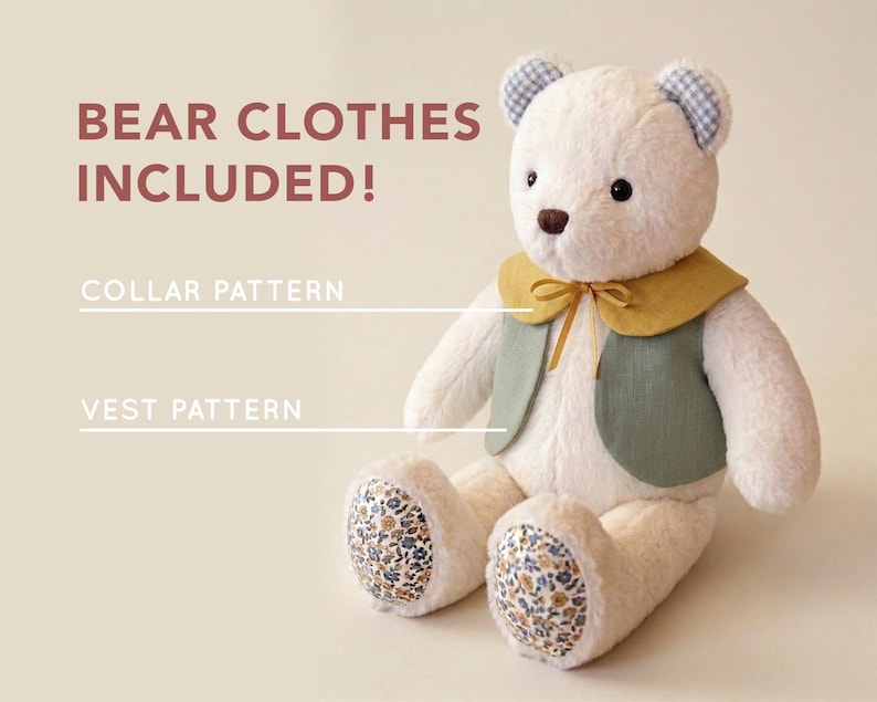 May include: A plush white teddy bear with blue and white checkered inner ears and floral patterned foot pads. The bear wears a mustard yellow collar with a ribbon tie and a sage green vest. Text reads: BEAR CLOTHES INCLUDED! COLLAR PATTERN VEST PATTERN.