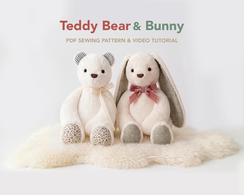 May include: A cream-coloured plush teddy bear and a bunny with long ears, featuring the text Teddy Bear & Bunny PDF SEWING PATTERN & VIDEO TUTORIAL. The bear has a cream ribbon and floral paw pads, while the bunny has a dusty rose bow and floral ears.