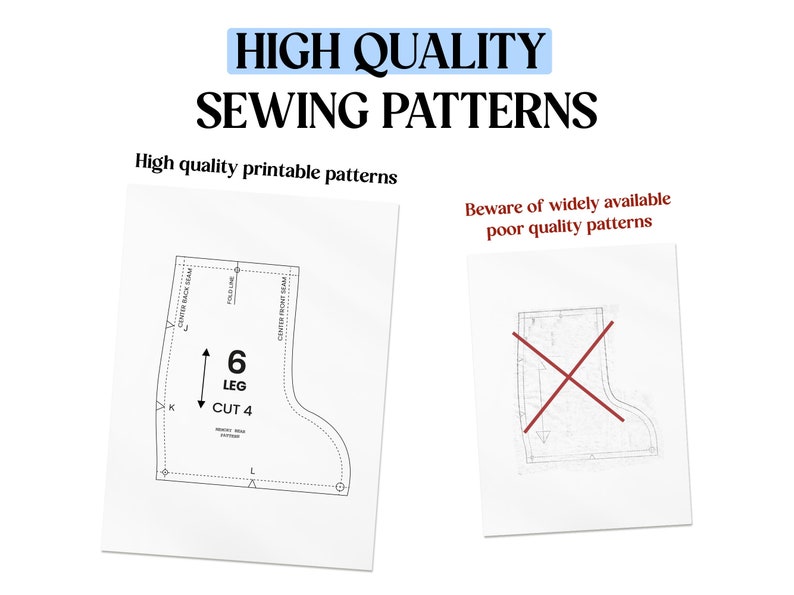 May include: A comparison of two sewing patterns. The pattern on the left is a high-quality printable pattern. The pattern on the right is a poor quality pattern with a red X drawn over it. The text "6 Leg Cut 4" is visible on the high-quality pattern.