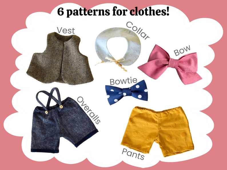 Puede incluir: Seis patrones para ropa, incluyendo un chaleco, un cuello, un lazo, una pajarita, un mono y un pantal&oacute;n. El chaleco es marr&oacute;n y blanco, el cuello es azul claro, el lazo es rosa, la pajarita es azul con lunares blancos, el mono es de mezclilla azul y el pantal&oacute;n es amarillo con lunares blancos.