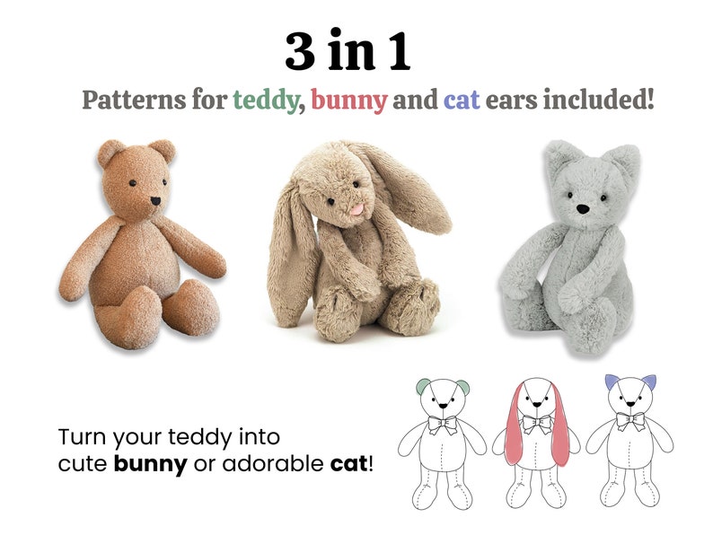 Puede incluir: Tres patrones de juguetes de peluche: un oso de peluche marr&oacute;n, un conejito beige y un gato gris. El texto "3 en 1" est&aacute; en la parte superior de la imagen. El texto "Patterns for teddy, bunny and cat ears included!" est&aacute; debajo del texto "3 en 1". El texto "Turn your teddy into cute bunny or adorable cat!" est&aacute; en la parte inferior de la imagen. Debajo del texto hay tres dibujos de l&iacute;nea de los patrones. El patr&oacute;n del conejito es rosa, el patr&oacute;n del gato es azul y el patr&oacute;n del oso es verde.