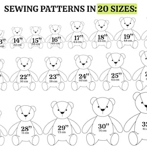 Puede incluir: Un gr&aacute;fico que muestra 20 tama&ntilde;os diferentes de patrones de costura de osos de peluche, que van desde 30 cm hasta 81 cm. Cada patr&oacute;n est&aacute; ilustrado con un simple dibujo de l&iacute;nea de un oso de peluche.