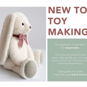 May include: A plush cream-coloured rabbit toy with long ears, a dark brown nose, and a dusty rose velvet ribbon around its neck. The rabbit features sage green patterned fabric on the inner ears and foot pads, with the name Olive embroidered on one foot.