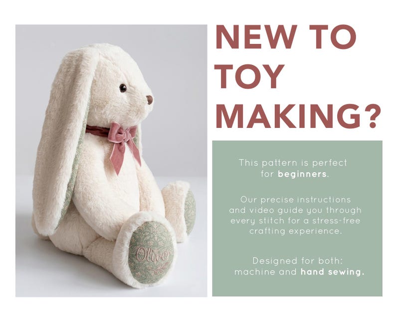 May include: A plush cream-coloured rabbit toy with long ears, a dark brown nose, and a dusty rose velvet ribbon around its neck. The rabbit features sage green patterned fabric on the inner ears and foot pads, with the name Olive embroidered on one foot.