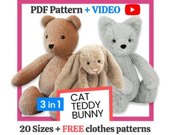 Teddy Bear Pattern, Bunny Sewing Pattern, VIDEO tutorial, rabbit pattern, keepsake bear, Memorial Bear Pattern, cat plushie, Memory Bear Toy