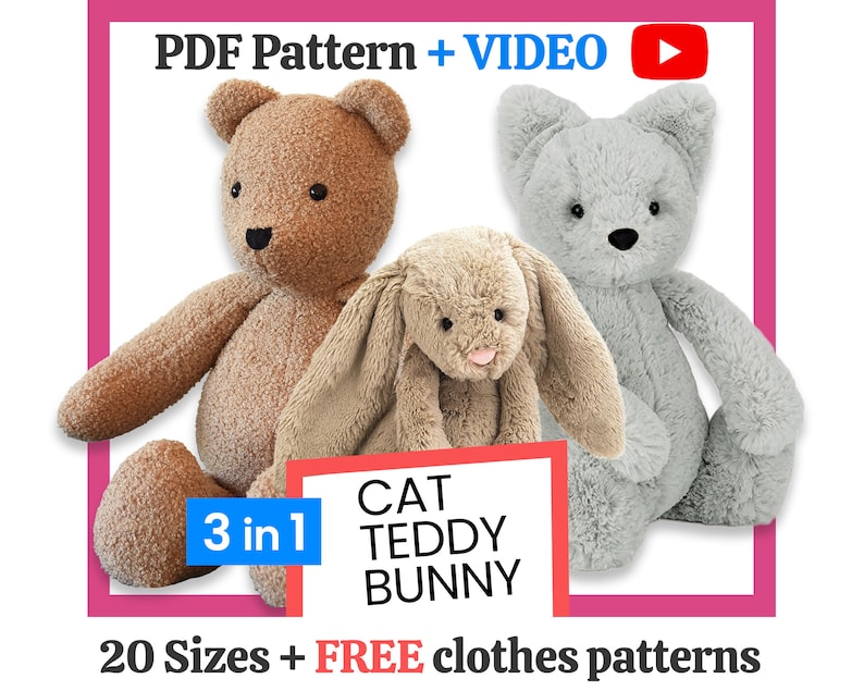 keepsake bear pattern, keepsake bunny pattern, bunny sewing pattern, memory bear pattern, memory bunny pattern, plushie sewing pattern, plush rabbit, cat sewing pattern, 3in1 sewing pattern, doll, stuffed animal pattern, animal doll, fluffy bunny