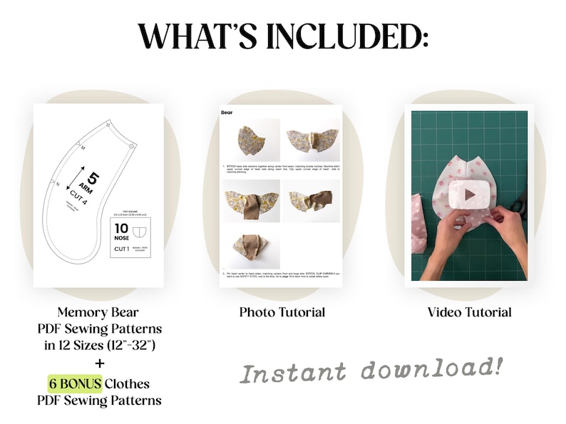 Puede incluir: Una descarga digital para un patr&oacute;n de costura de oso de memoria. La imagen muestra un patr&oacute;n de costura, un tutorial fotogr&aacute;fico y un tutorial en video. El patr&oacute;n incluye 12 tama&ntilde;os de 30 a 81 cm. Tambi&eacute;n incluye 6 patrones de costura de ropa adicionales.