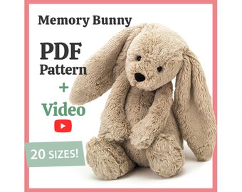 Bunny naaipatroon, pluizig konijn patroon, aandenken beer patroon, Memory Bear eenvoudig patroon voor beginners, Memory Bunny, video-tutorial PDF