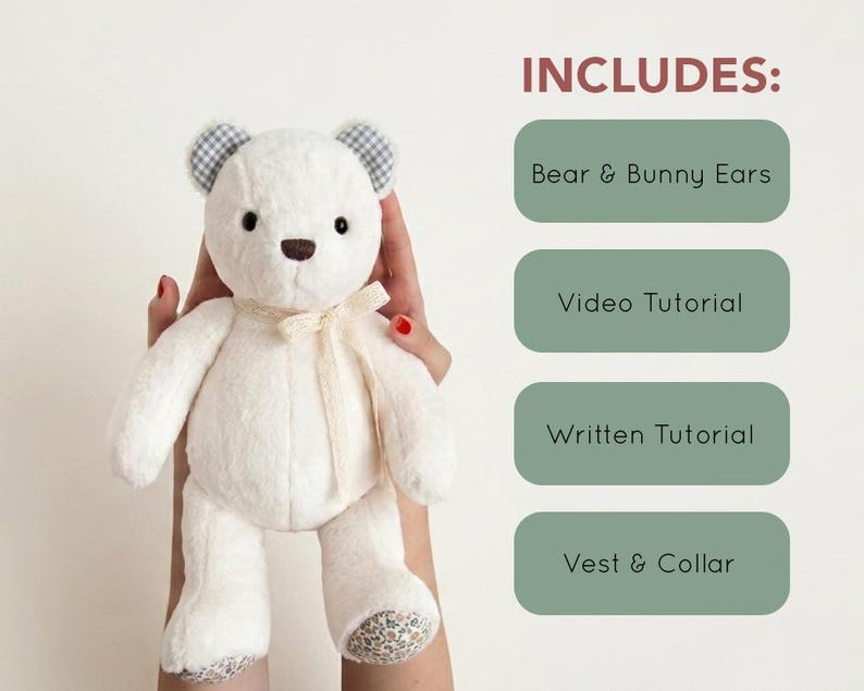 May include: A white plush bear with a brown nose, blue and white gingham inner ears, and a cream ribbon around its neck. Text on the right reads: INCLUDES: Bear & Bunny Ears, Video Tutorial, Written Tutorial, and Vest & Collar.