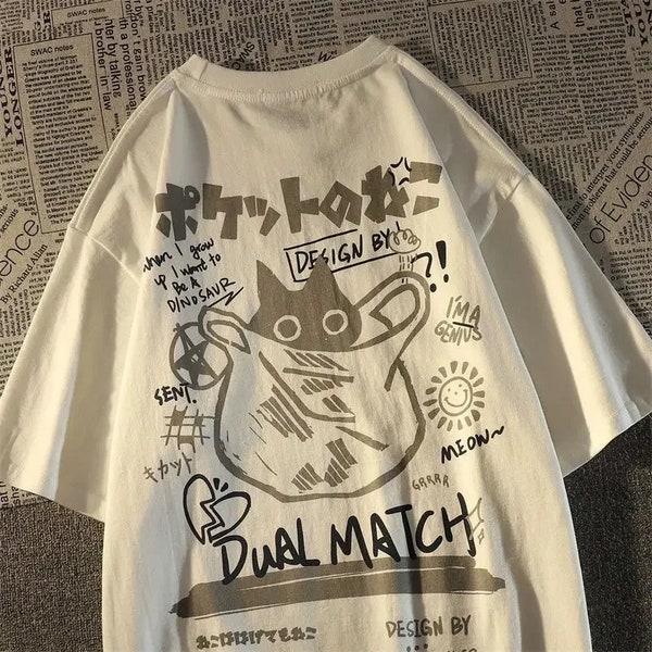 Dual Match Cat Harajuku Übergroßes bedrucktes T-Shirt