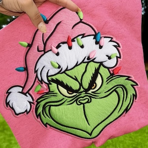 Embroidered Grinc Christmas Lights png, Preppy Christmas png, Pink Christmas png, Santa png, Christmas Movie png, Cute Xmas png, Holiday png