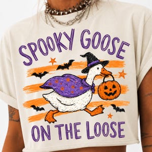 May include: A beige t-shirt featuring a graphic of a white goose wearing a black witch hat and a purple cape with orange stars. The goose carries an orange jack-o'-lantern bucket. The text reads SPOOKY GOOSE ON THE LOOSE with orange stripes and bats.