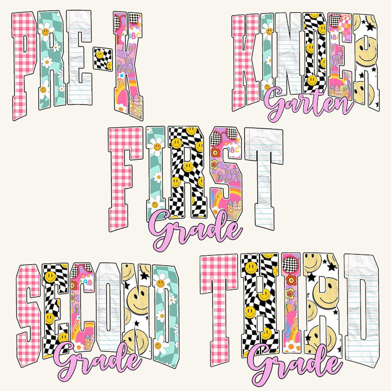 Op de afbeelding: Een verzameling ontwerpen voor schoolniveaus, waaronder Pre-K, Kleuterschool, First Grade, Second Grade en Third Grade. Elk ontwerp heeft een unieke combinatie van patronen, waaronder geruit, bloemen en gelijnd papier, met smiley-gezichten en het woord "Grade" in cursief.
