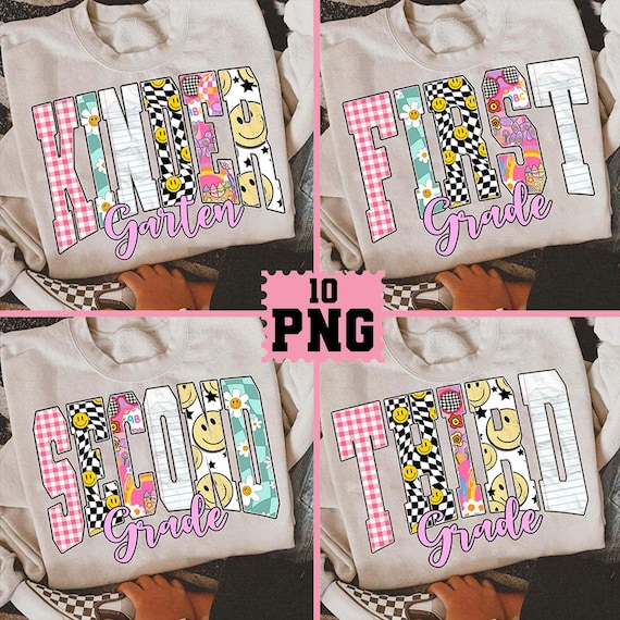 Retro Back to School Girls PNG Checkered Bundle, First Day Shirt PNG, Pre-K to Third Grade Png, School Girl PNG, School Bundle png designs