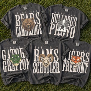 Puede incluir: Cinco camisetas de manga corta en gris carbón con gráficos de animales y texto. Cada camiseta muestra 'GAME DAY' sobre el nombre de un equipo y una mascota: Bears Cambridge, Bulldogs Provo, Gators Grafton, Rams Schutler y Tigers Fremont en blanco.