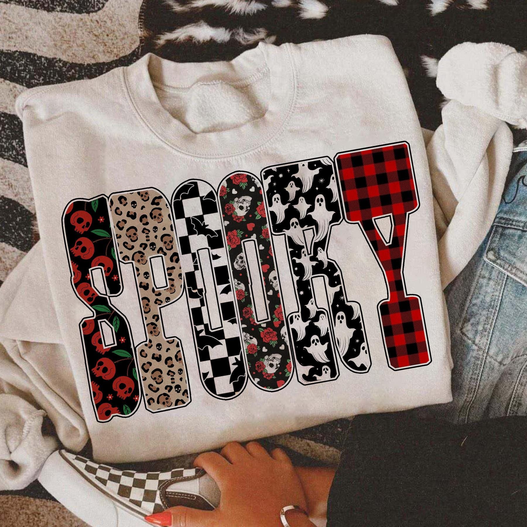 Halloween Spooky png, Leopard Checker Cherry Print, Retro Vintage Spooky Season png, Halloween Shirt Design, Preppy Halloween, Spooky png