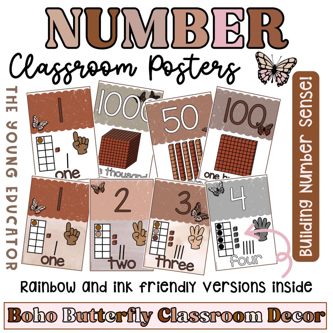 Number Posters | Number Sense Visuals | Boho Butterfly Classroom Decor ...